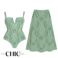 Mint Green Petal Print Hollow V Neck One-Piece Swimsuit&Skirt
