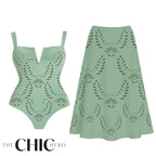 Mint Green Petal Print Hollow V Neck One-Piece Swimsuit&Skirt