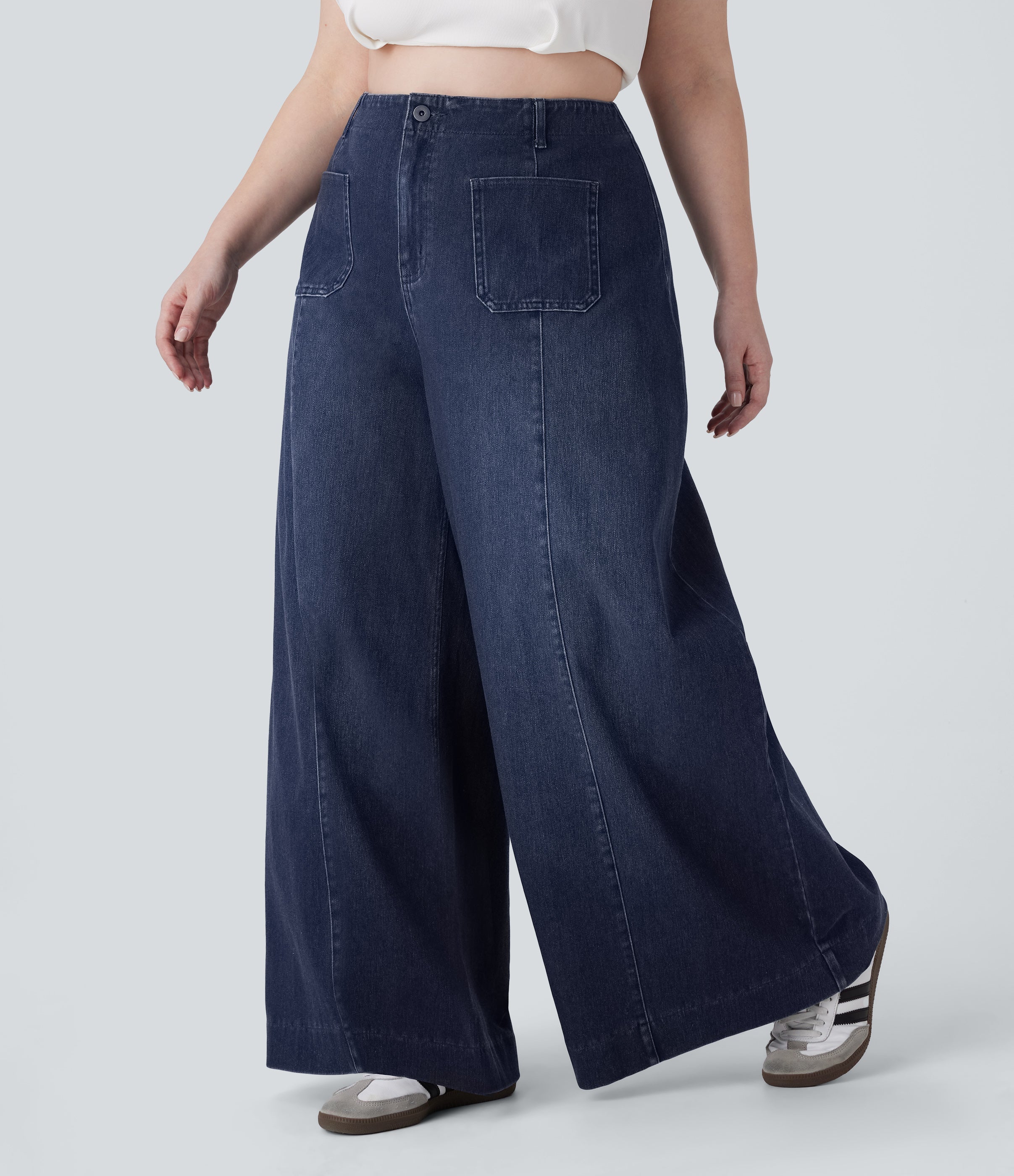 FlexTM High Waisted Pockets Washed Casual Wide Leg Plus Size Jeans