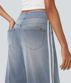 FlexTM High Waisted Stripe Wide Leg Flowy Washed Casual Jeans with Pockets