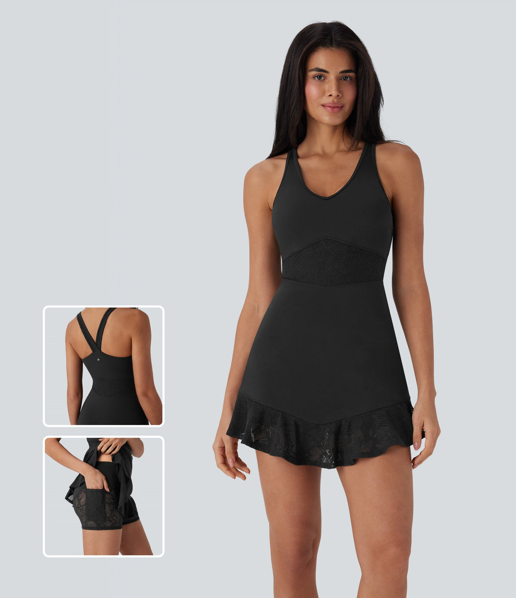 SoftlyZeroTM Contrast Lace 2-Piece Mini Yoga Active Dress with Pocket
