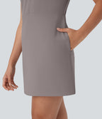 FlexTM V Neck Pleated Sleeveless Mini Micro Waffle Work Dress with Pockets