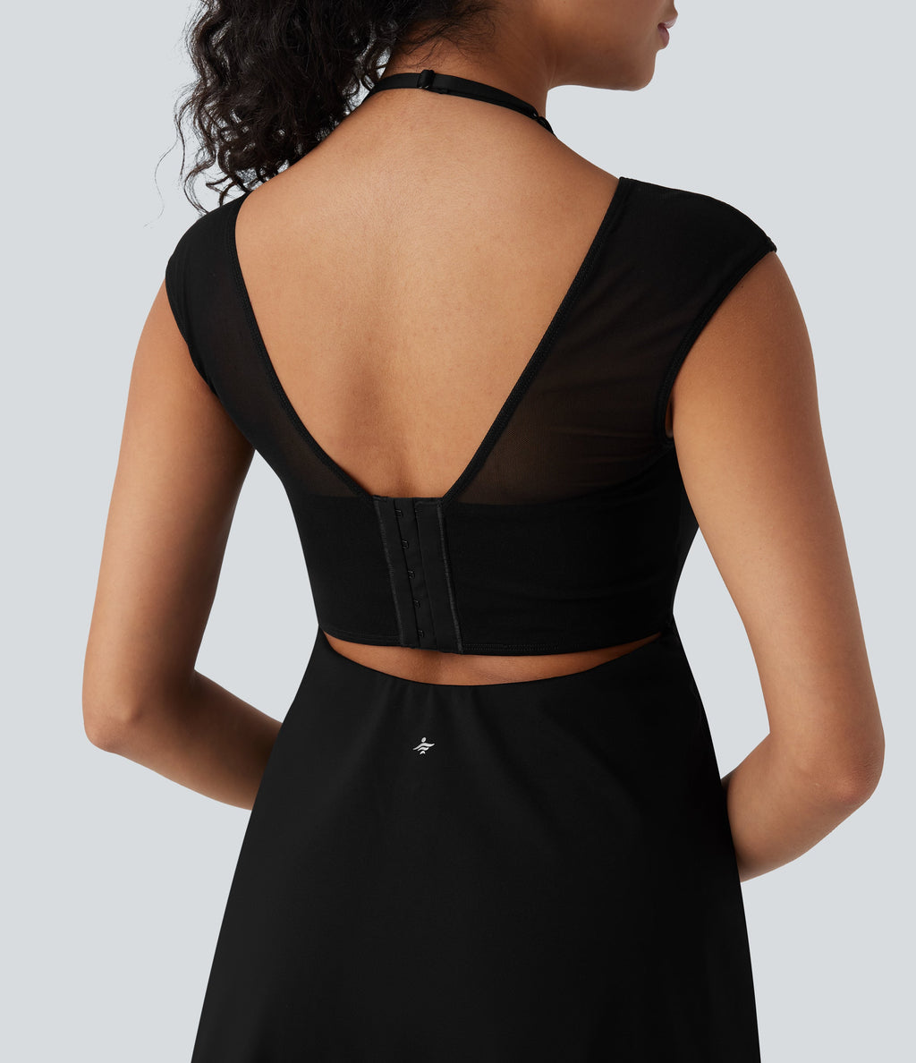 SoftlyZeroTM Airy Halter Adjustable Buckle Contrast Mesh Cool Touch Yoga Active Dress-Easy Peezy-UPF50+