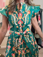 NEW🔥 Ruffle Button Tie Waist Printed Dress- Tax Free