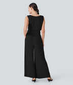 Ribbed Cowl Neck Sleeveless Wide Leg Casual Jumpsuit with Pockets