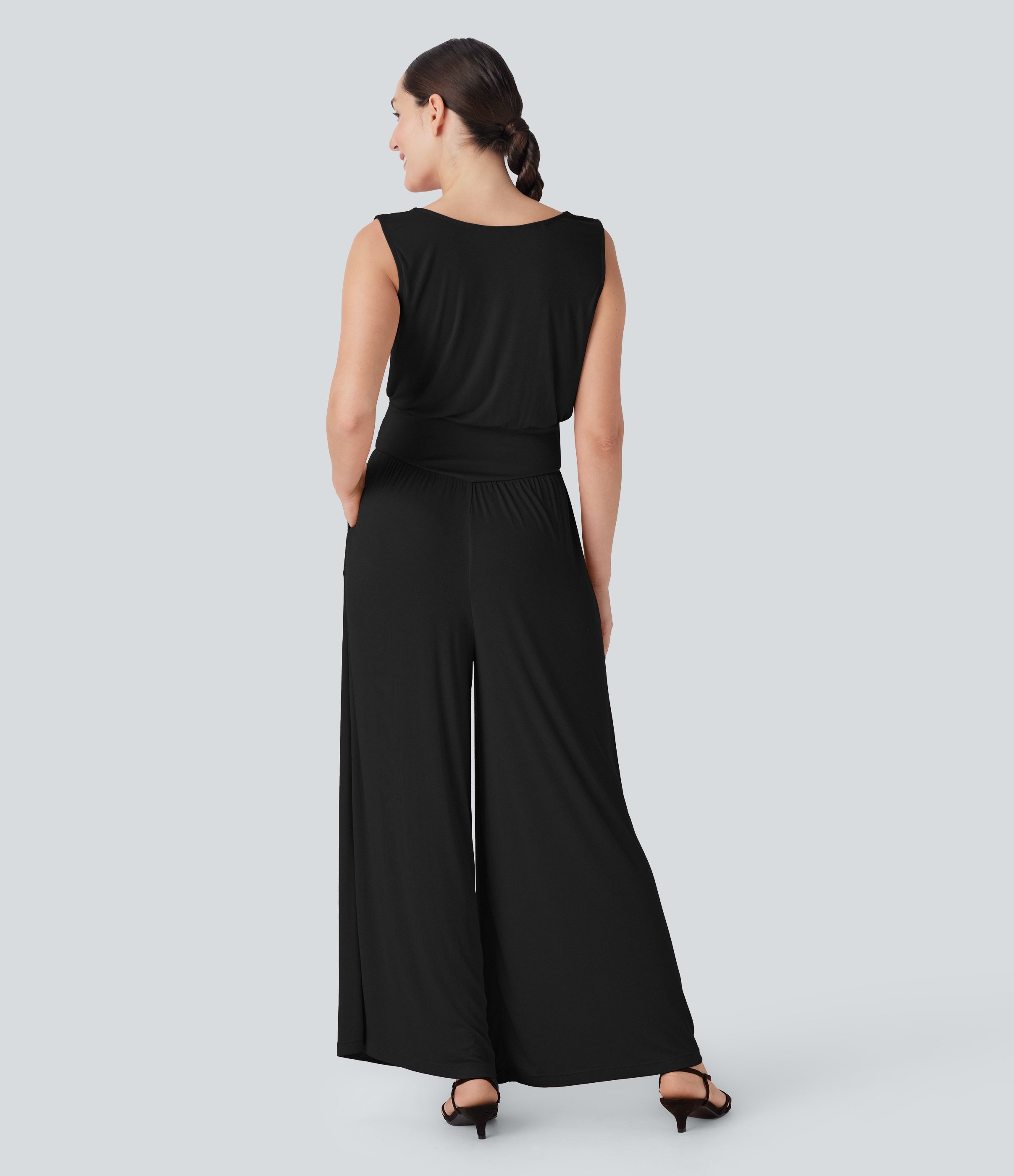 Ribbed Cowl Neck Sleeveless Wide Leg Casual Jumpsuit with Pockets