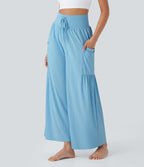 SoCinched High Waisted Tummy Control Drawstring Wide Leg Cool Touch Yoga Pants with Pockets-UPF50+