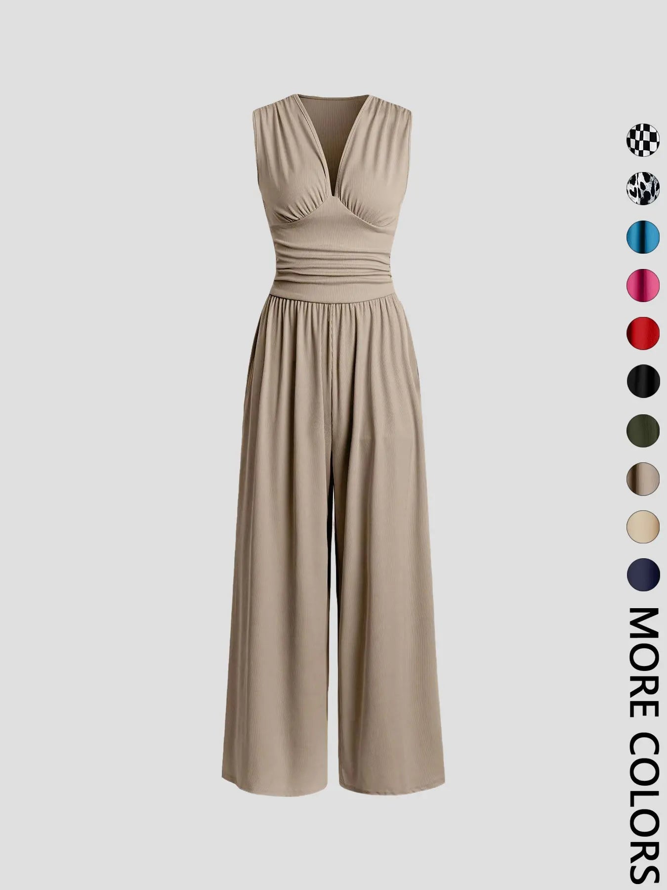Women's Ruched Deep V Neck Wide Leg Jumpsuit