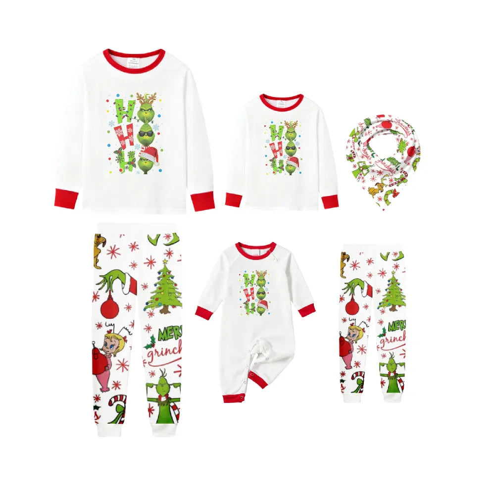 Family Christmas White Pajamas Set With "HO HO HO" & Cute Christmas Character Print