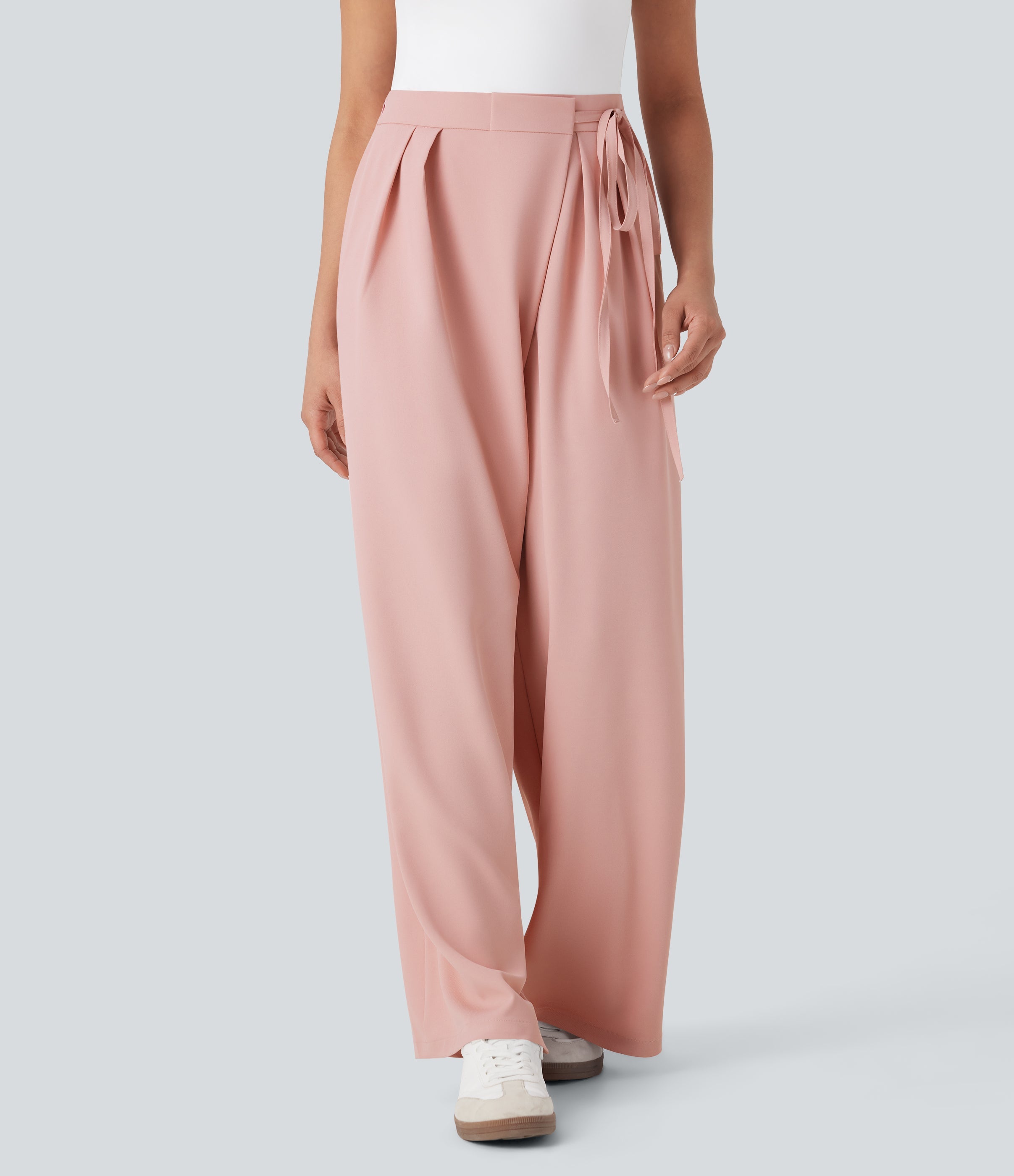 High Waisted Tie Side Wide Leg Work Pants with Pockets