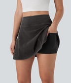 FlexTM High Waisted 2-in-1 A Line Mini Washed Denim Casual Skirt with Pockets