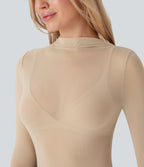Sheer Mesh Mock-neck Snap Casual Bodysuit