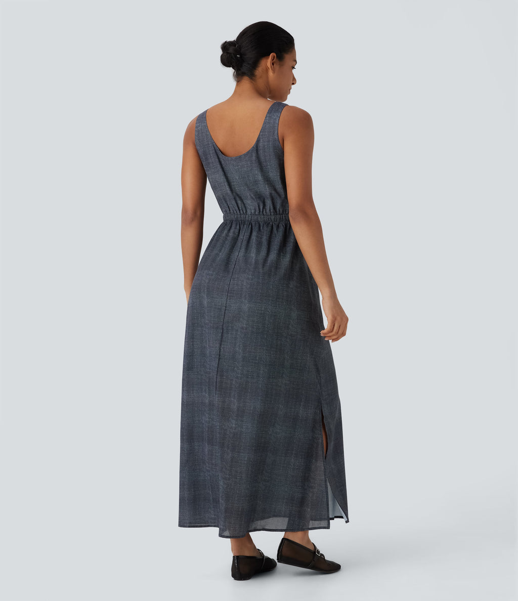 Sleeveless Drawstring Maxi Casual Dress with Pockets