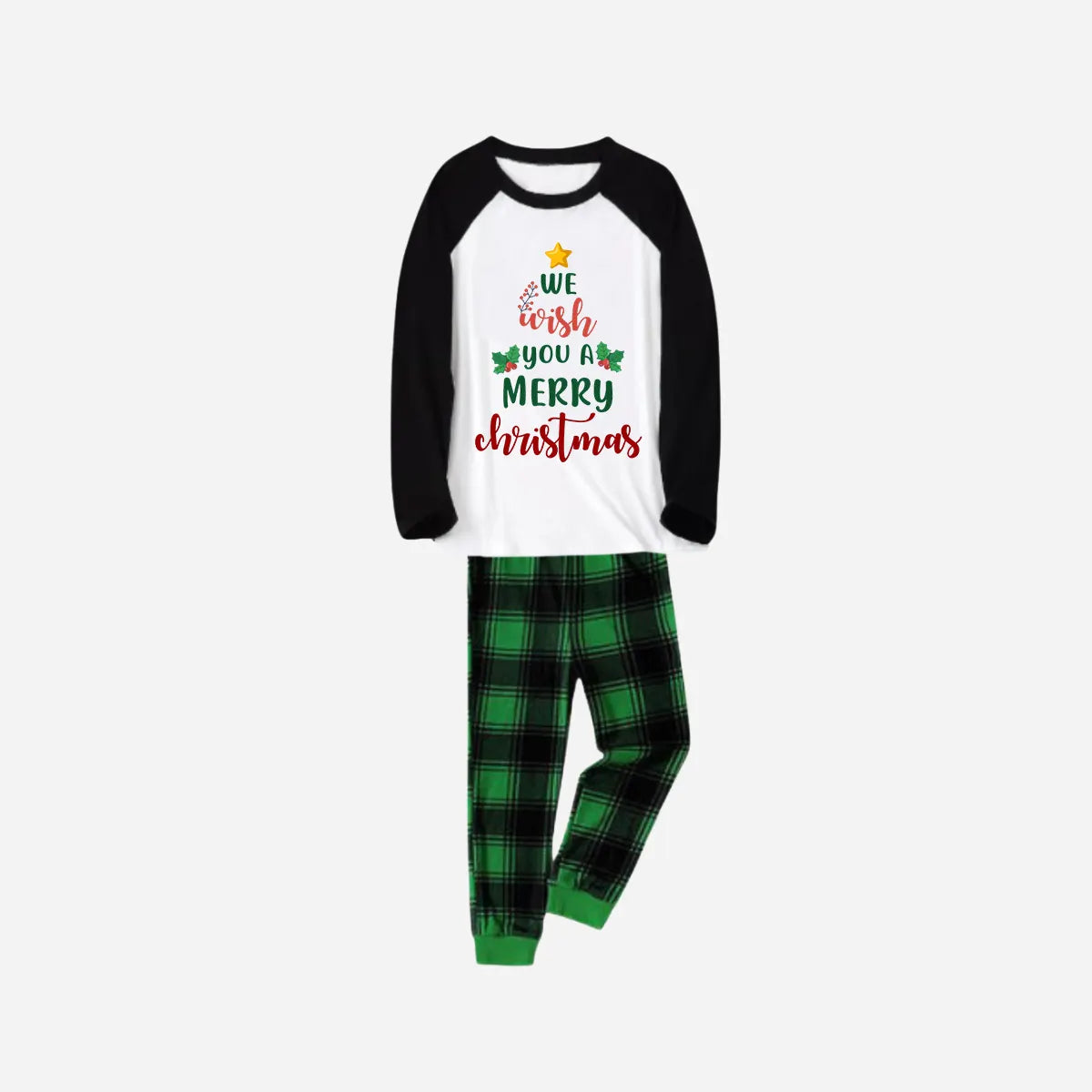 Black Raglan Top Green Plaid Christmas Pajamas Set With "We Wish You a Merry Christmas" Text Print