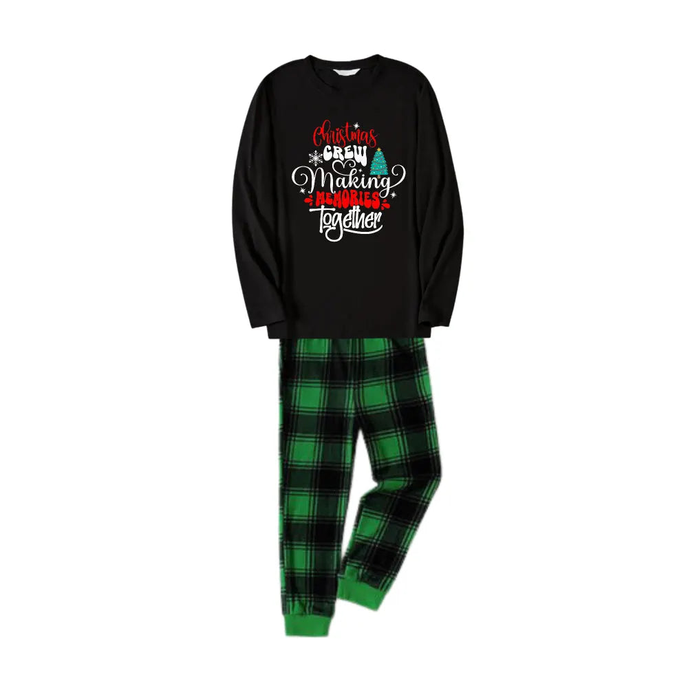 Christmas Family Matching Pajamas-Black Top and Green Plaid Pants Pjs Set with "Christmas Crew Making Memories Together" Artistic Font Print