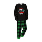 Christmas Family Matching Pajamas-Black Top and Green Plaid Pants Pjs Set with "Christmas Crew Making Memories Together" Artistic Font Print