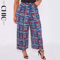 Square Pattern Blue Abstract Print Wide-Leg Drawstring Palazzo Pleated Pants