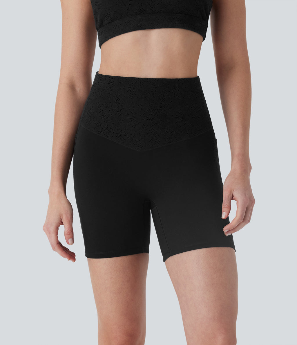 UltraSculptTM SoCinched High Waisted Tummy Control Contrast Lace Training Biker Shorts 5'' with Pockets