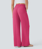 Women Summer High Waisted Drawstring Pocket Wide Leg Casual Linen-Feel Pants