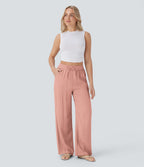 2026🔥 High Waisted Drawstring Pocket Wide Leg Casual Linen-Feel Pants