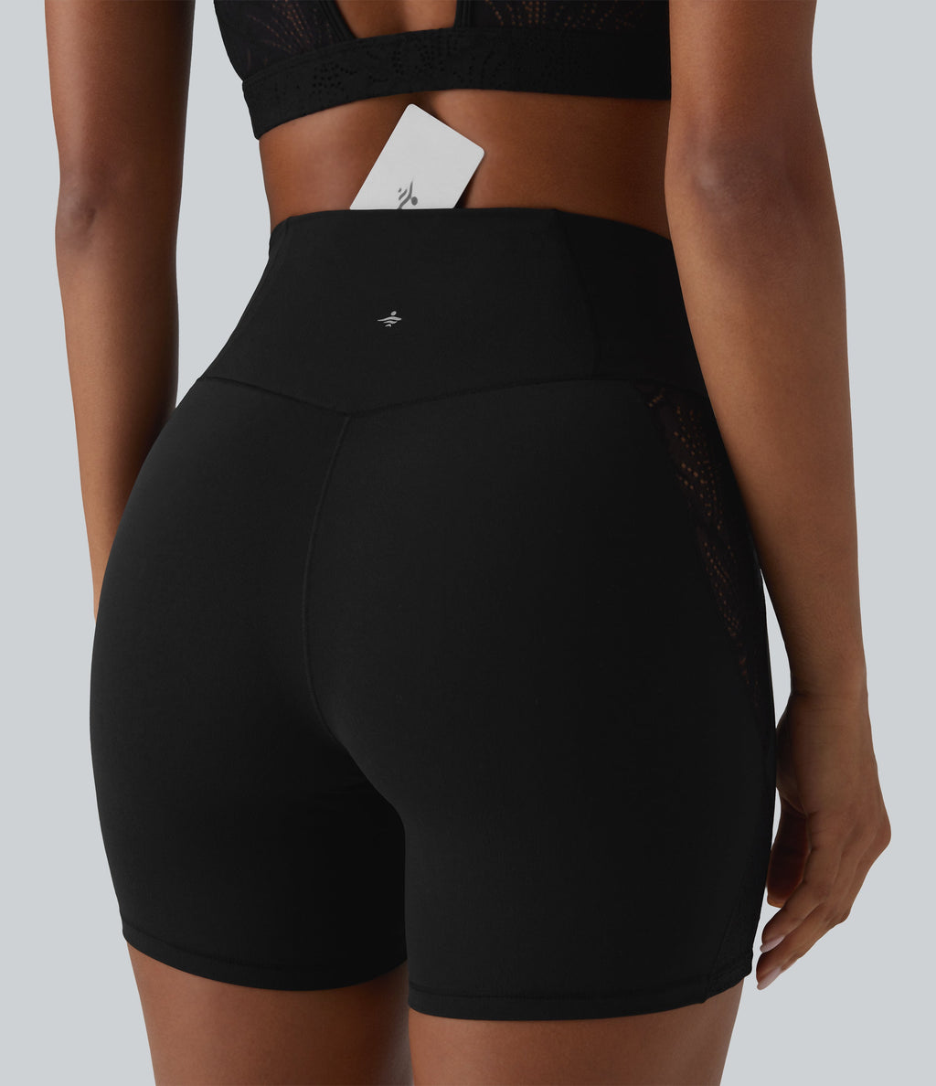 SoftlyZeroTM High Waisted Crossover Contrast Lace Built-in Underwear Yoga Biker Shorts 5'' with Pocket-UPF50+