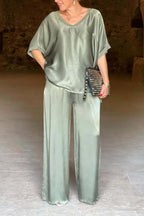 Women's V-Neck Tops Long Pants Set Casual Loose Outfit Summer Homewear Suit