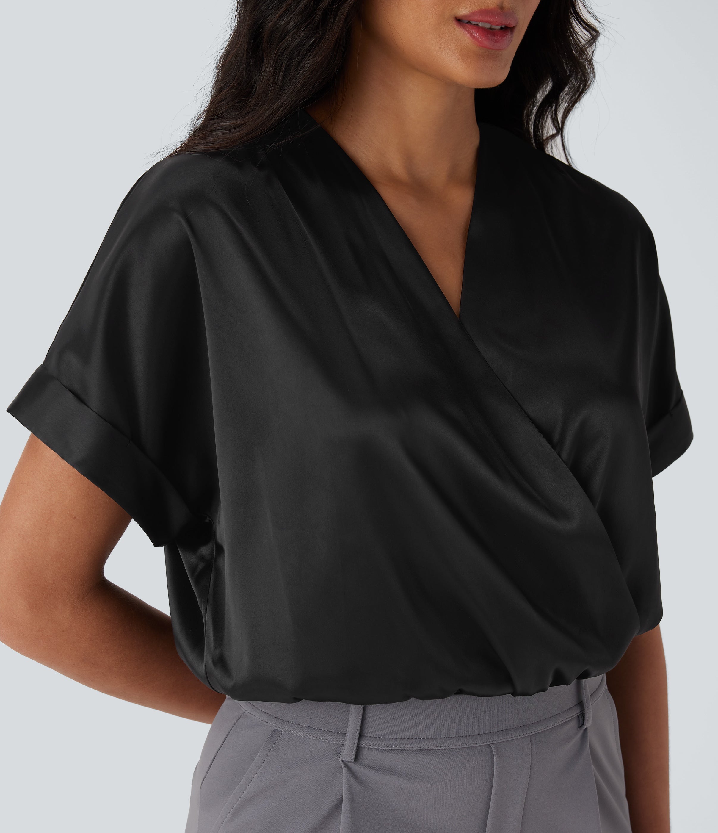 Crossover V-Neck Batwing-Sleeve Snap Satin Work Bodysuit