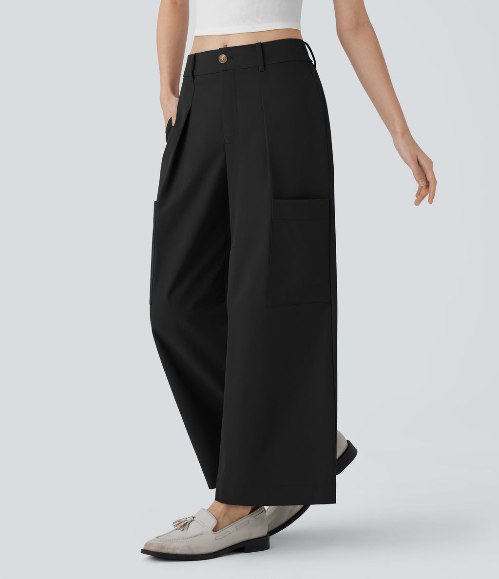 Mid Rise Wide Leg Work Pants with Pockets