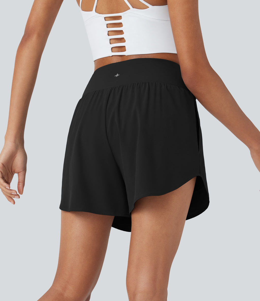 BreezefulTM High Waisted Crossover 2-in-1 Quick Dry Yoga Shorts with Pockets