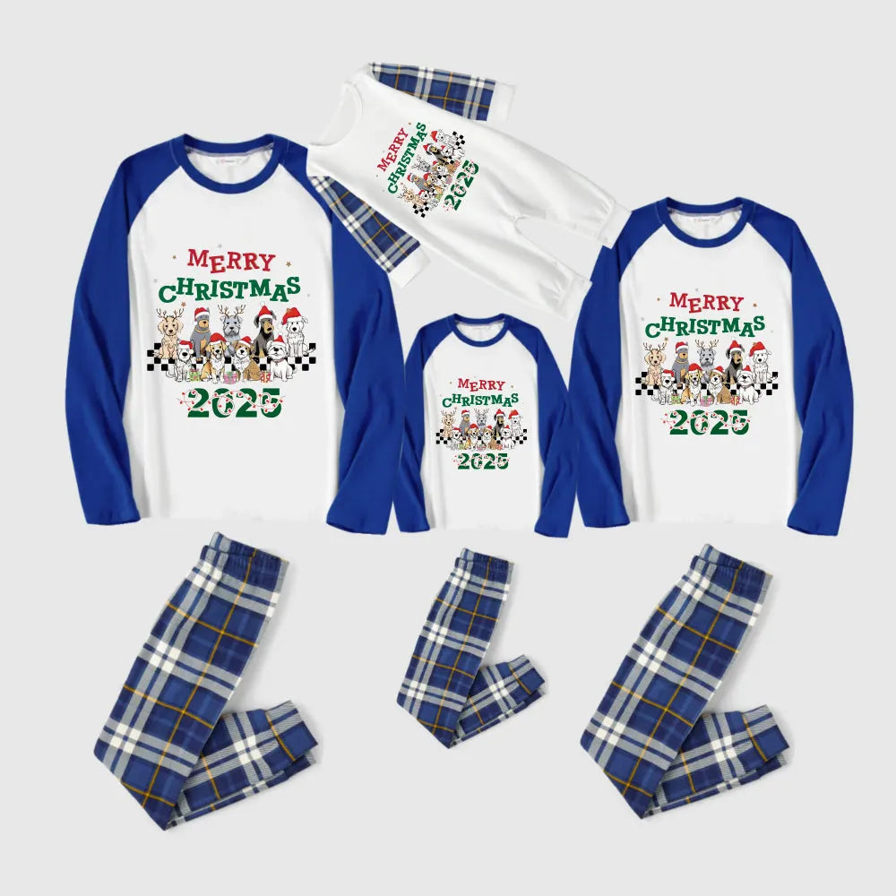 Christmas Family Matching Pajamas-Blue Raglan Top Blue Plaid Pants Pjs Set with Doggy and "Merry Christmas" Letter Print