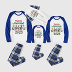 Christmas Family Matching Pajamas-Blue Raglan Top Blue Plaid Pants Pjs Set with Doggy and "Merry Christmas" Letter Print