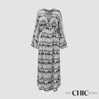 Long-Sleeve Swing Maxi Dress in Black Print