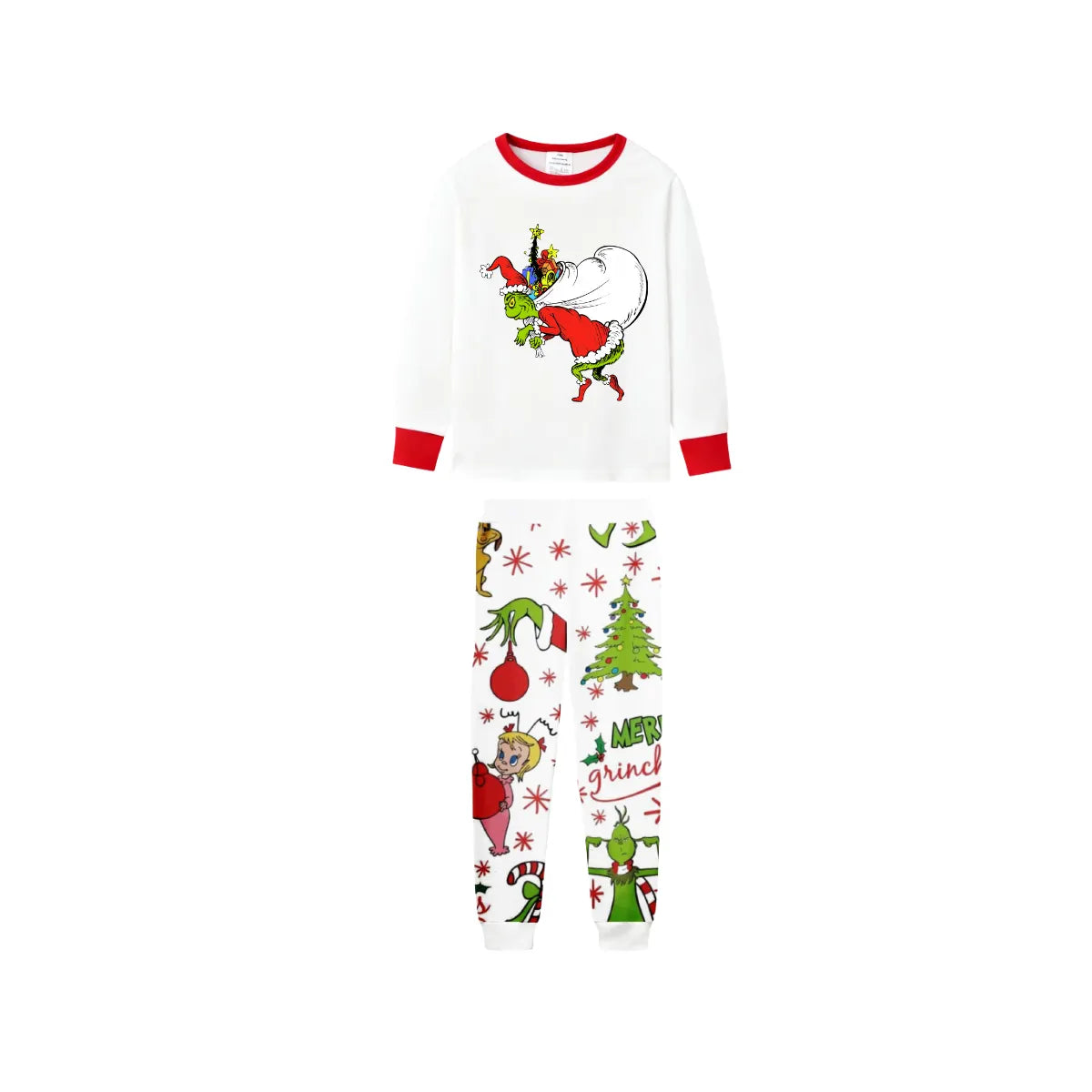 Christmas White Pajamas Set With Cartoon Pattern Print