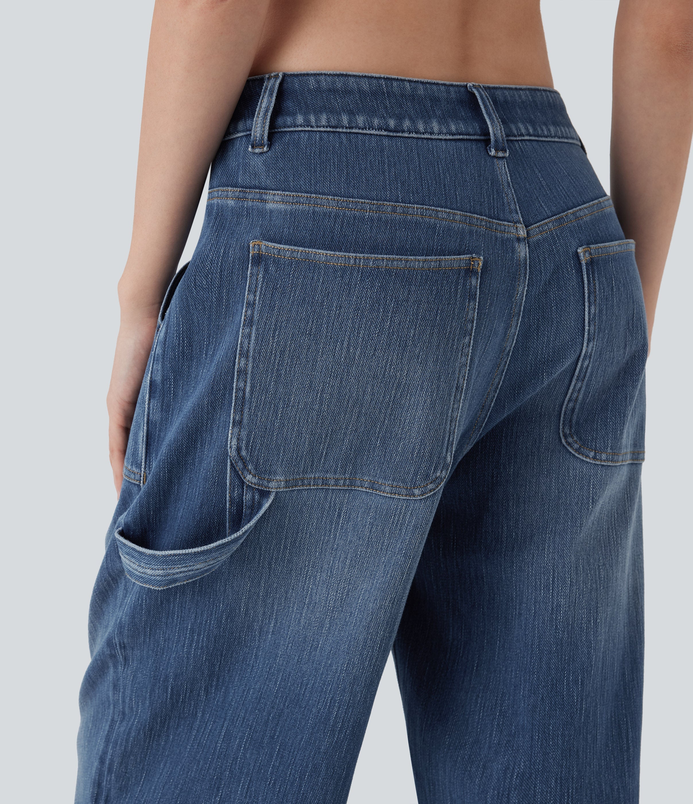 FlexTM Low Rise Rolled Hem Washed Casual Baggy Jeans with Pockets
