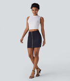 High Waisted Zipper Bodycon Metallic Mini Casual Skirt with Pockets