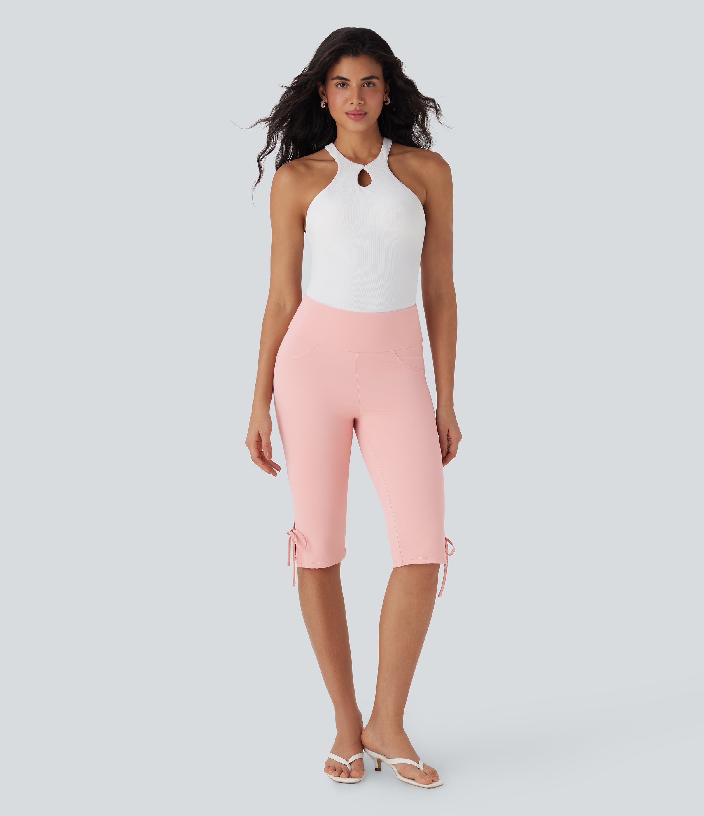 Mid Rise Lace Up Capri Casual Pants with Pockets