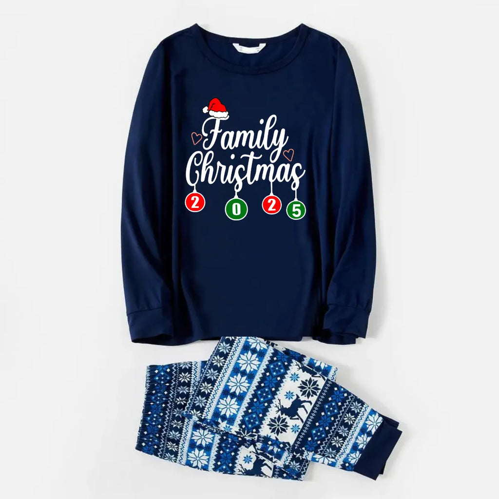 "Family Christmas" 2025 Letter Print Blue Family Matching Pajamas With Dog bandana