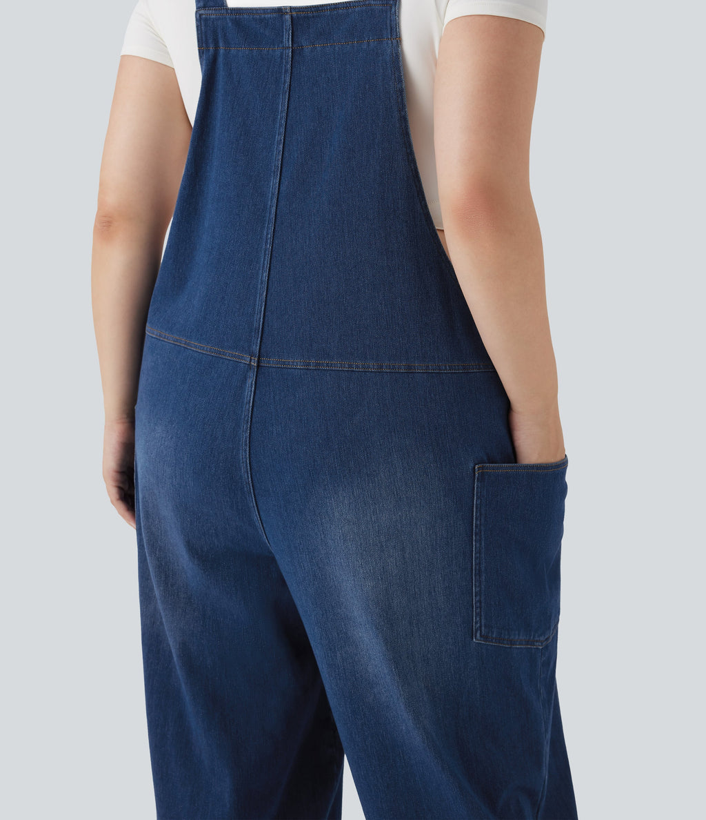 FlexTM V Neck Washed Denim Casual Plus Size Overalls with Pockets