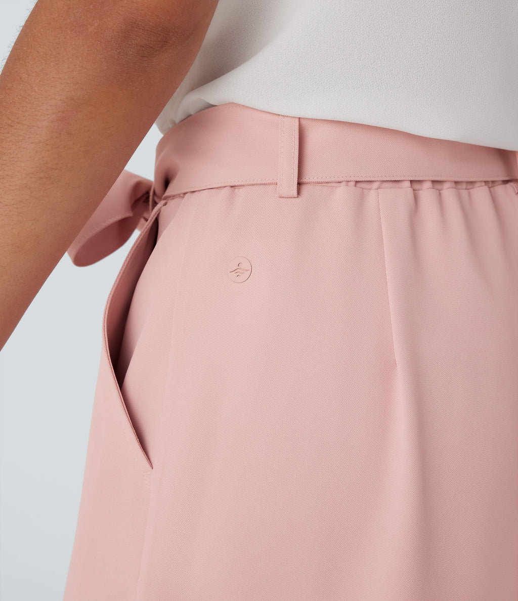 High Waisted Belted Wide Leg Cropped Work Pants with Pockets
