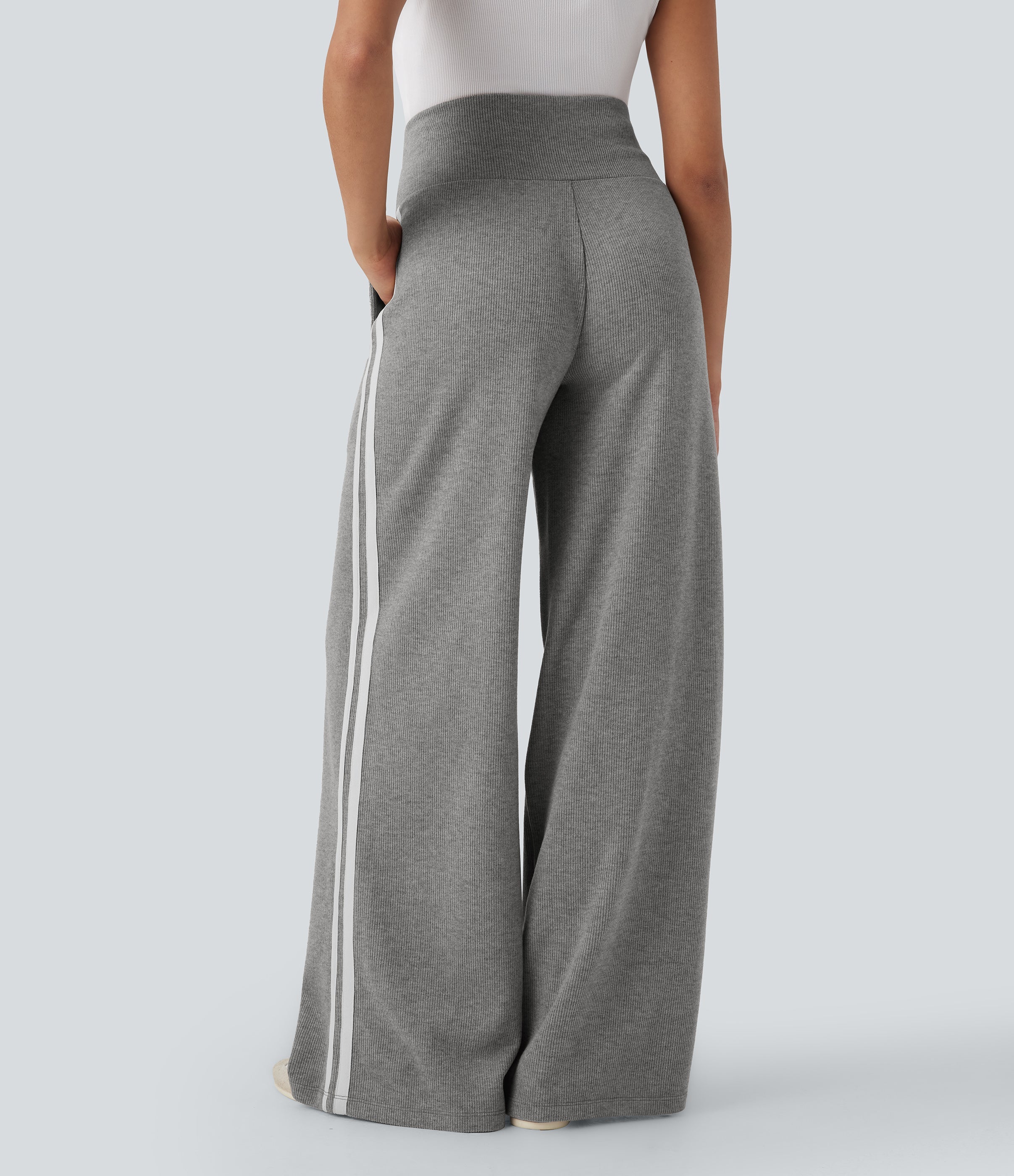 2026🔥 Ribbed SoCinched High Waisted Tummy Control Drawstring Wide Leg Color Block Casual Trousers with Pockets