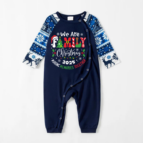 "We are Family 2025 Christmas Make Memories Together" Slogan Print Blue Long Sleeve With Blue Floral Pants Family Matching Pajamas Sets