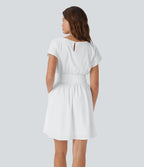 BreezefulTM Batwing Short Sleeve Flowy Quick Dry Mini Work Dress with Pockets