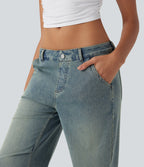 FlexTM Low Rise Adjustable Drawcord Stretchy Knit Casual Parachute Jeans with Multiple Pockets