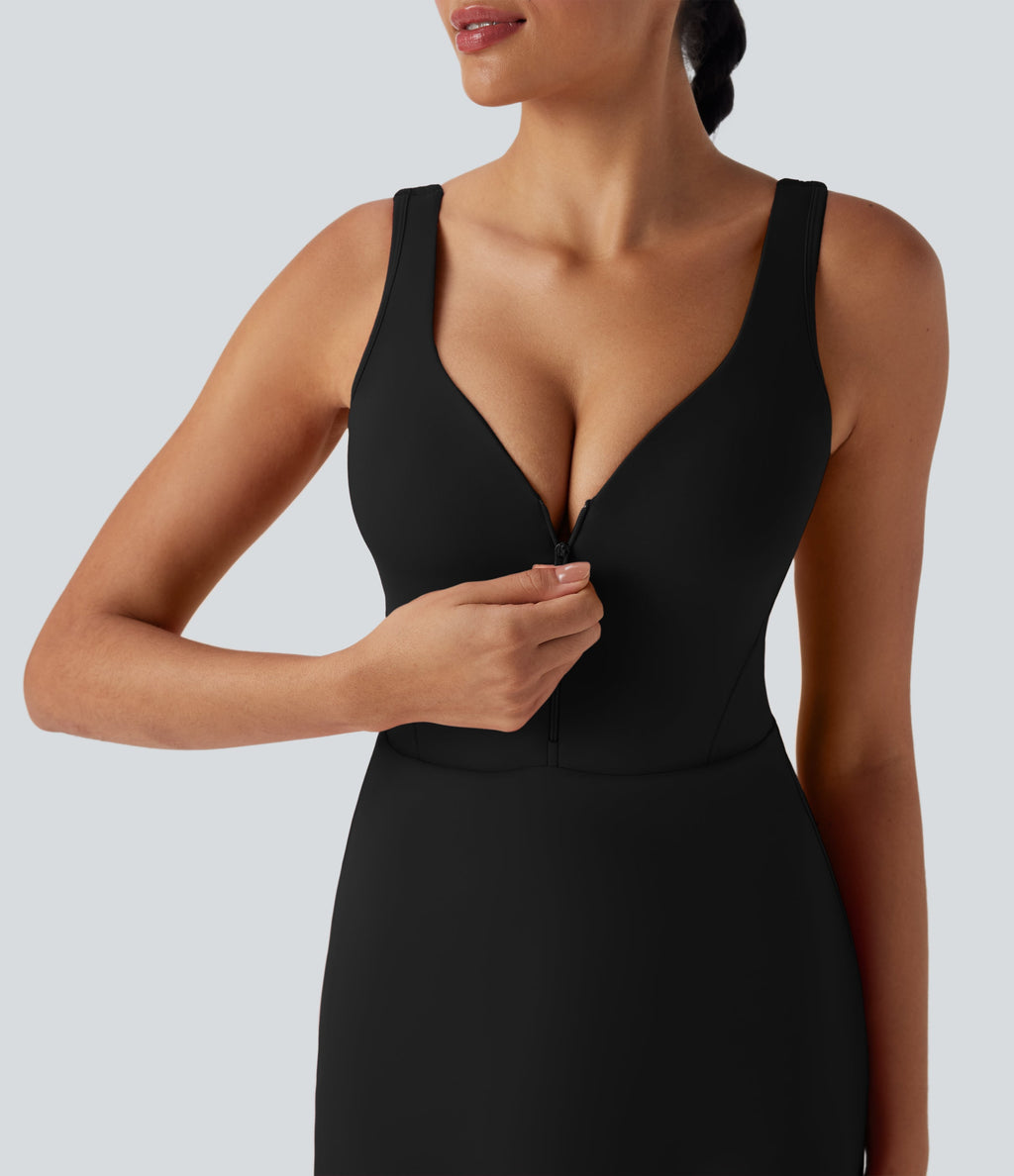 SoftlyZeroTM Plush Push-Up Molded Cups Zipper 2-in-1 Yoga Active Dress with Pockets-Easy Peezy