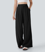 Mid Rise Wide Leg Casual Linen-Feel Pants with Pockets