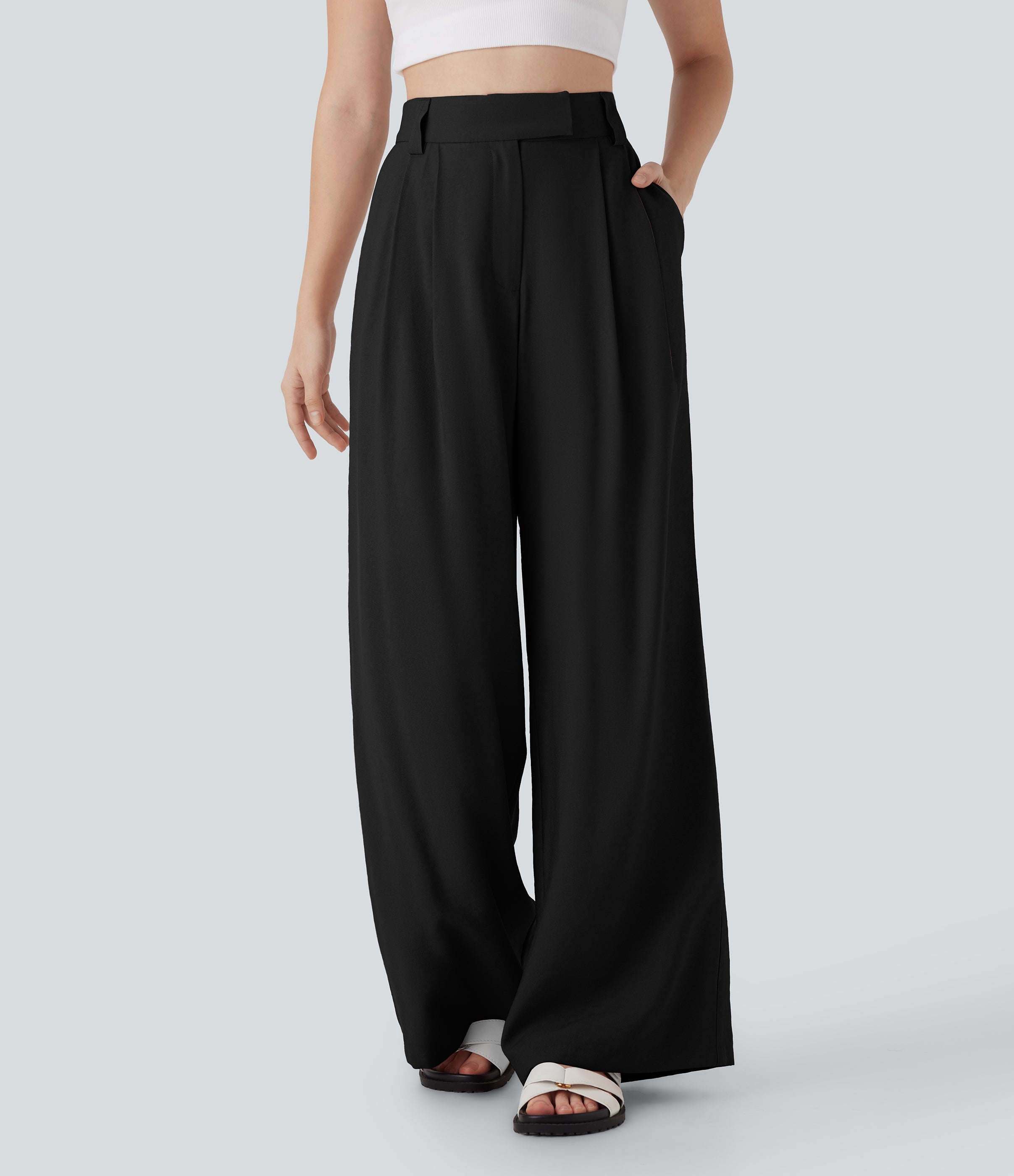 Mid Rise Wide Leg Casual Linen-Feel Pants with Pockets