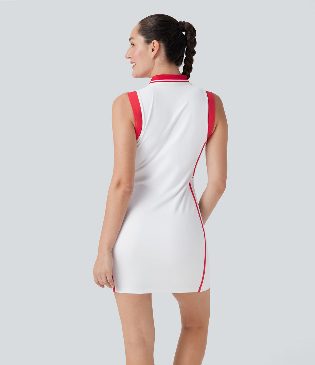 SoftlyZeroTM Airy Color Block Polo Zip Sleeveless Bodycon Cool Touch Mini Casual Dress-UPF50+
