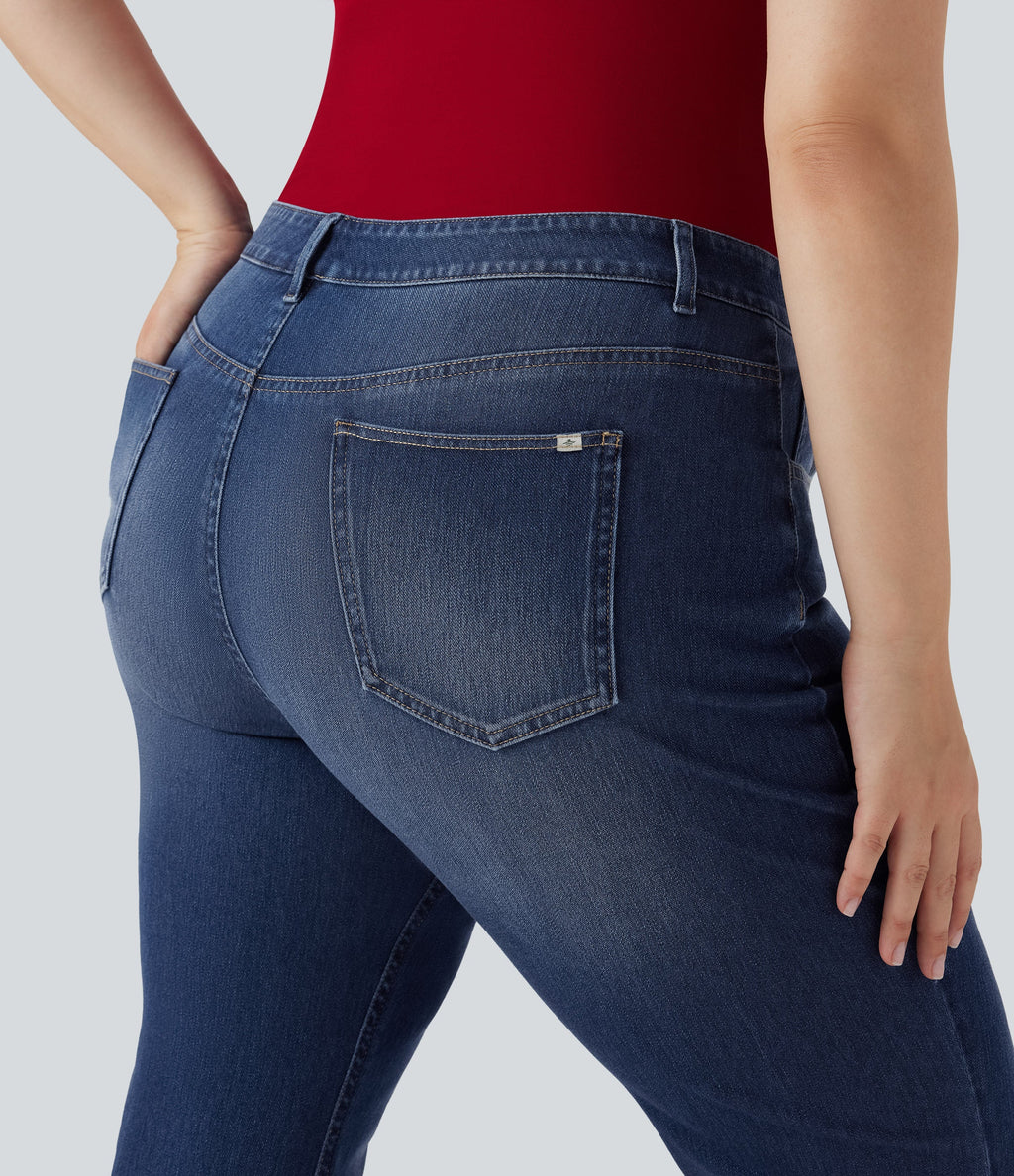 Plus Size FlexTM High Waisted Washed Casual Bootcut Jeans with Pockets
