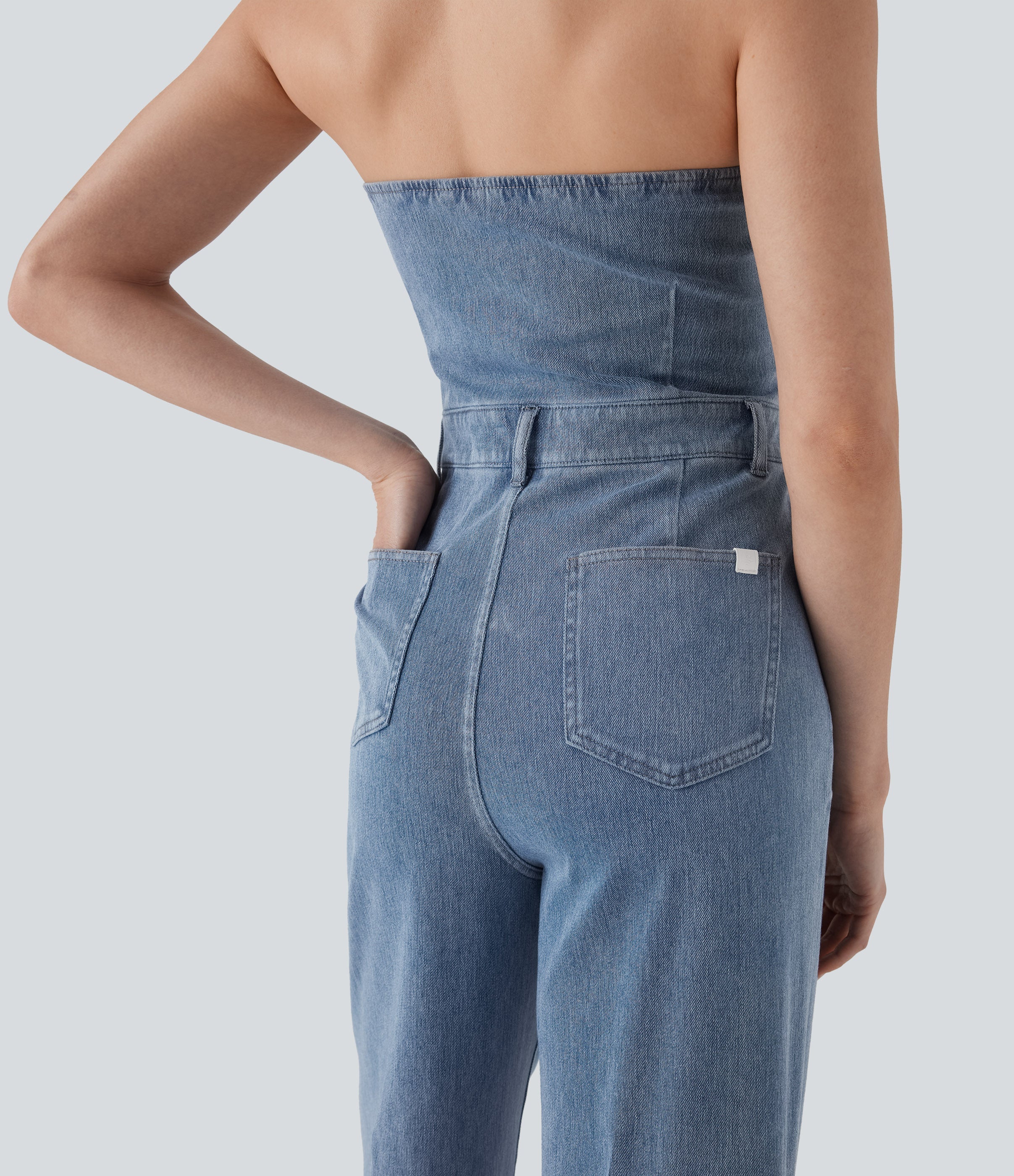 FlexTM Halter Wide Leg Denim Casual Jumpsuit with Pockets