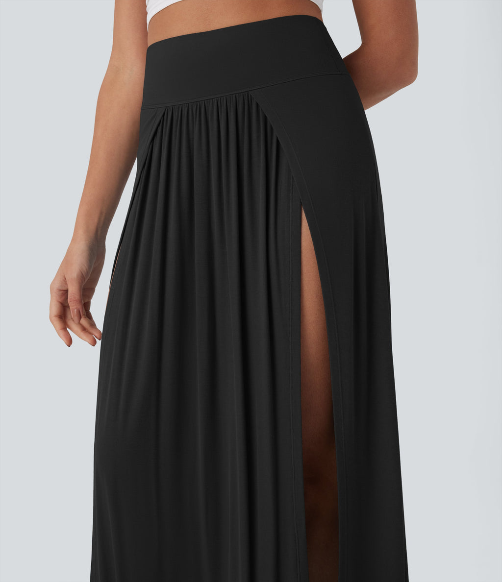 SoCinched Ribbed High Waisted Tummy Control Draped 2-in-1 Maxi Casual Skirt